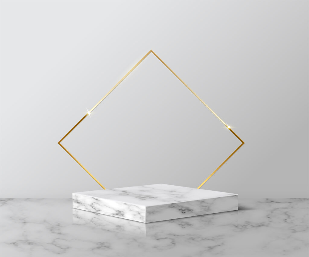 Golden rhombus on gray marble square for product. 3d pedestal in stone pattern, geometric stage on floor in room, abstract place for award ceremony